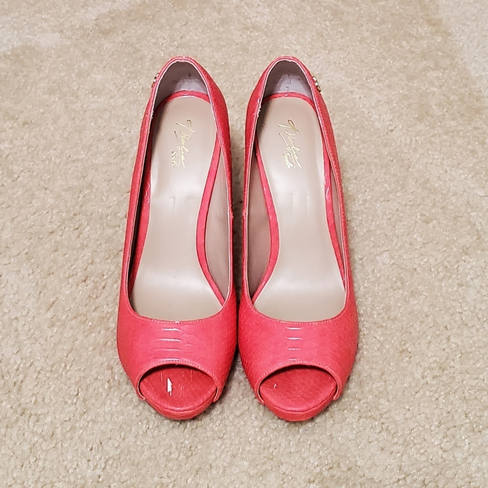 Thalia Sodi Peep toe CORAL snake skin heels sz 9.5